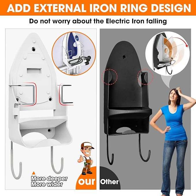 Wall Mount Iron,Ironing Board Hanger for Household Bathroom and Laundry Room, Electric Iron Holder with Hook-for Max 5.4" (White)