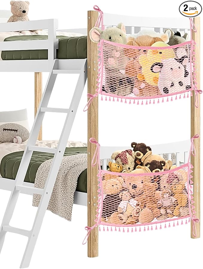 2 Pack Stuffed Animal Hammock, Bedside Stuffed Animal Storage Net Corner - Kids Nursery Wall Bedroom Home Decor, Cotton Bedside Toy Organizer Net with Tether, Stretches up to 36 In, Pink