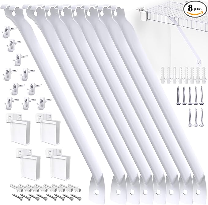 8 Pcs 12 Inch Wire Shelf Brackets, Metal Support Brackets with 10 Wire Shelf Clips and 4 End Brackets, Wire Closet Support Shelving for Closet Shelves Racks and Wardrobe
