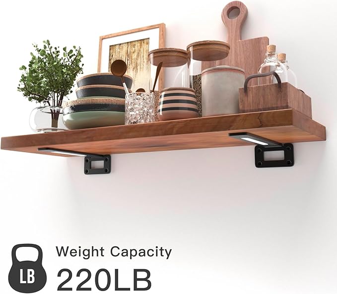 LEOPO Openwork 8 Inch 4-Pack Heavy-Duty Shelf Brackets, 1/5'' Thick Carbon Steel, Built-in LED Lights (3000K Warm White with Remote), 220LBS Load Capacity for Kitchen, Bookshelf, Display Case