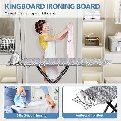 KINGBOARD Foldable Ironing Board Full Size, Iron and Ironing Board Set Standard Size, Iron Boards with Ironrest & Adjustable Height,Heavy Duty Iron Table Stand with Metal Legs &Thick Cover,43x13 Gray