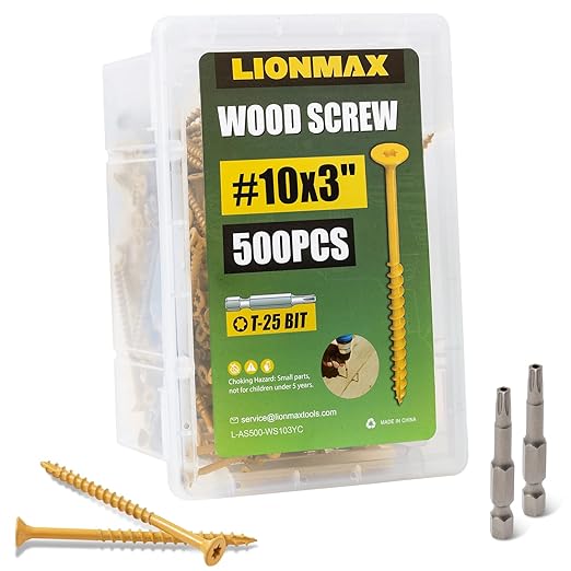 LIONMAX Deck Screws 3 Inch, Wood Screws #10 x 3, 500 PCS, Rust Resistant, Exterior Epoxy Coated, Outdoor Decking Screws, Torx/Star Drive Head Deck Screw, T25 Star Bit Included, Tan