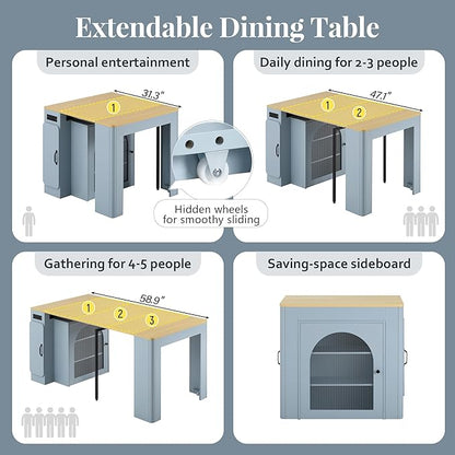 Extendable Dining Table with Storage Cabinet, 15.6" to 59" Rolling Kitchen Island Table with Power Outlet & LED Lights, Space Saving Dining Table for Small Spaces, Blue