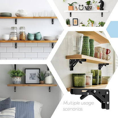 Home Expert 6 Inch Folding Shelf Brackets, 6 Pack (3 Pairs) Heavy Duty Metal Collapsible Wall-Mounted Brackets, Space-Saving DIY Foldable Shelf for Benches and Tables, Matte Black