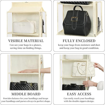 8 Grids in 1 Pack Hanging Purse Handbag Organizer with Double Zippers, Visible Purse Organizer for Closet, Fully Enclosed Purse Storage Holder-Beige
