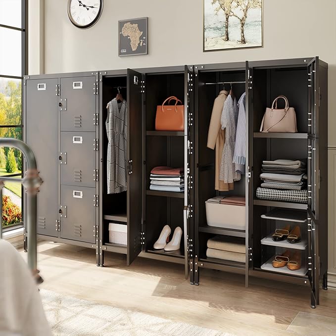 MIIIKO Steel Wardrobe Cabinet Locker, Rustic Metal Storage Cabinet with Shelf, Lockable Doors and Hanging Rod, Industrial Locker for Living Room, Bedroom, Home Office and Club