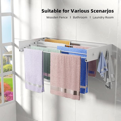 Upgrade Wall Mounted Drying Rack with 6 Hooks, 31.5" Foldable Laundry Rack, 5 Rods & Hooks Space Saver for Bathroom, Collapsible Clothing Rack with Template for Indoor Outdoor (White)