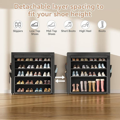 Shoe Rack with Covers 5 Tier Tall Shoe Rack Organizer Large Capacity Shoe Shelf Storage 20-24 Pairs Space Saving Free Standing Shoe Storage Organizer for Closet, Entryway, Dorm, Black