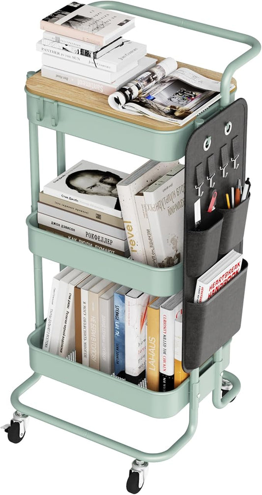 DTK 3 Tier Metal Utility Rolling Cart with Table Top and Side Bags, Metal Tray Storage Organizer Cart with Wheels, Art Craft Cart with 4 Hooks for Kitchen Bathroom Office Living Room (Green)
