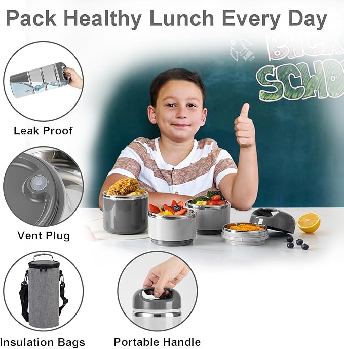 Lille Home 3-Layer Stainless Steel Lunch Box 1.43L- Leakproof, BPA-Free Insulated Bento Box for On-the-Go Meal Prep, Stackable Food Container for Women & Men