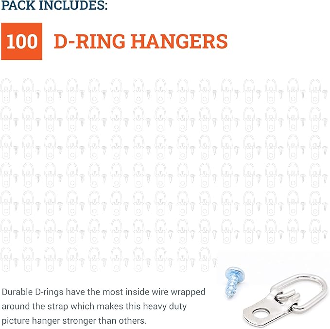 D Ring Picture Hangers with Screws - 100 Pack - Bulk D Rings - Pro Quality Hangers, Picture Hanging Hardware, Dring, Small D Ring Picture Hangers - Picture Hang Solutions.