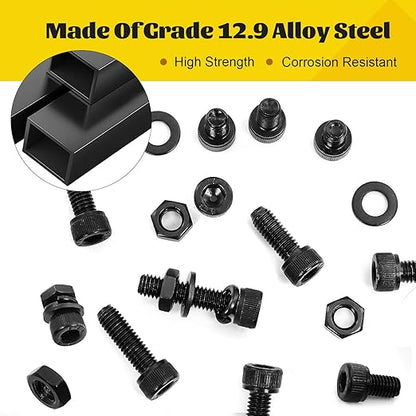 750PCS M3 Screws Assortment Kit, M3x6/8/10/12/16/20/25/30 mm Hex Socket Head Bolts, Nuts & Washers Assorted Set - 12.9 Alloy Steel Black Zinc Plated M3 Screw for 3D Printer,DIY