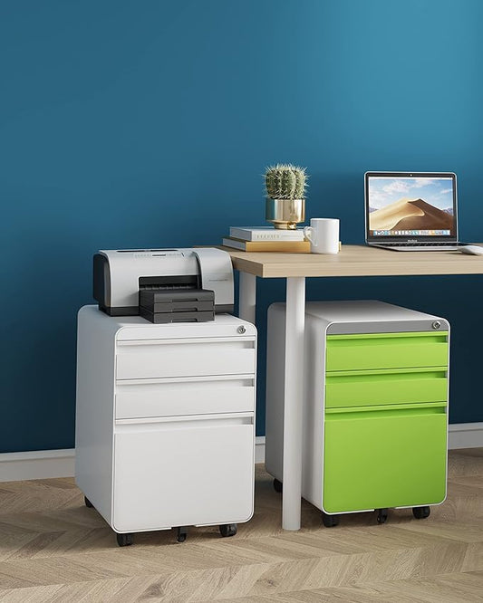 Dripex 3 Drawer File Cabinet, Metal Filing Cabinets with Lock Wheels & Hanging Rail for A4/Legal/Letter File, Anti-tilt Under Desk Design, Lockable Rolling Mobile File Cabinet for Home Office (Green)