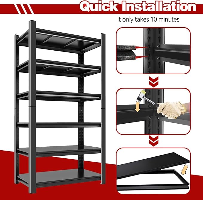 45"W x 18"D 6-Tier Garage Shelves Heavy Duty, Adjustable Steel Shelving Units, Garage Storage Shelf Heavy Duty Industrial Metal Organizer for Basement, Warehouse, Pantry, Kitchen, Black, 78"H