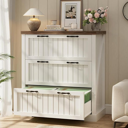 SEDETA 3 Drawer File Cabinet, Farmhouse Filing Cabinet for Home Office, Wood Office File Cabinets for Letter/Legal/A4 Size, Lateral File Cabinets with Printer Stand for Study Room, Living Room, White