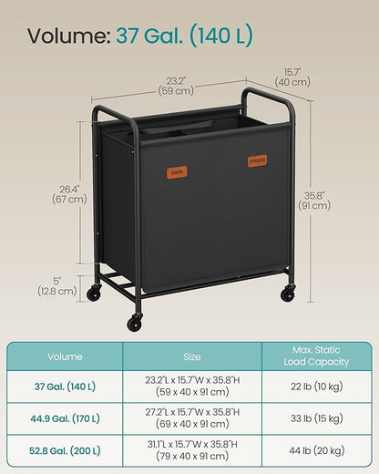SONGMICS 2-Section Laundry Sorter, Laundry Hamper with Wheels, Rolling Clothes Hamper Cart with Large Capacity and Removable Bags, for Laundry Room, Bedroom, Bathroom, Ink Black URLS210B01