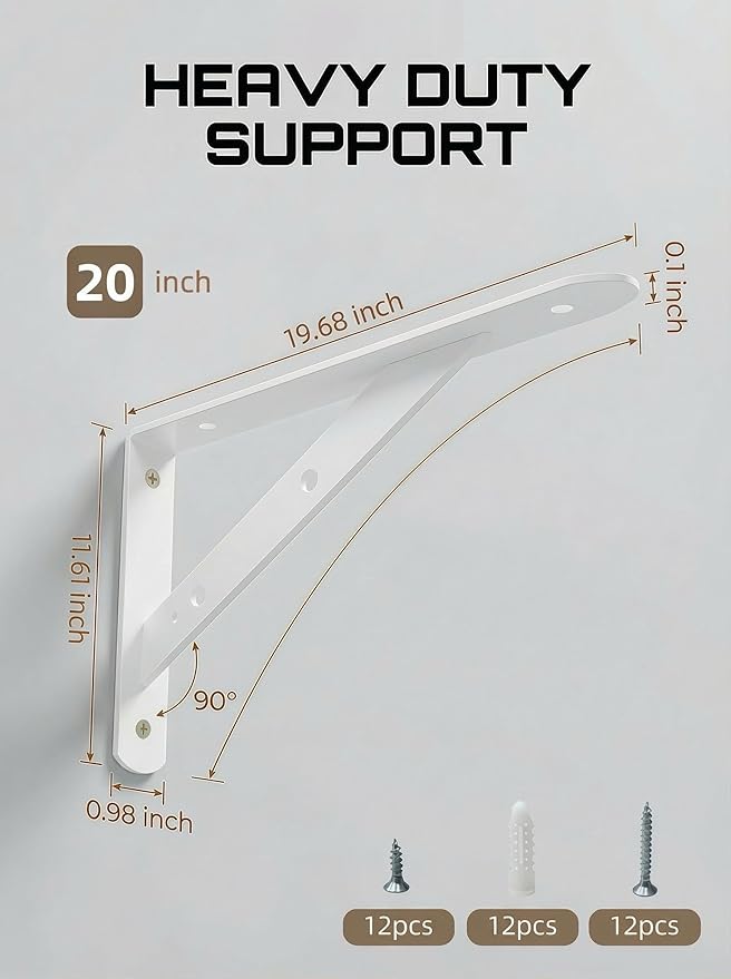 Shelf Brackets Heavy Duty, 4 Pack White 20 inch Floating Shelf Bracket, Max Load 300 lbs of Metal Triangle Decorative Shelf Support Brackets for Wall Mount