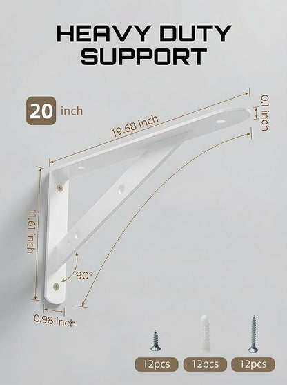 Shelf Brackets Heavy Duty, 4 Pack White 20 inch Floating Shelf Bracket, Max Load 300 lbs of Metal Triangle Decorative Shelf Support Brackets for Wall Mount
