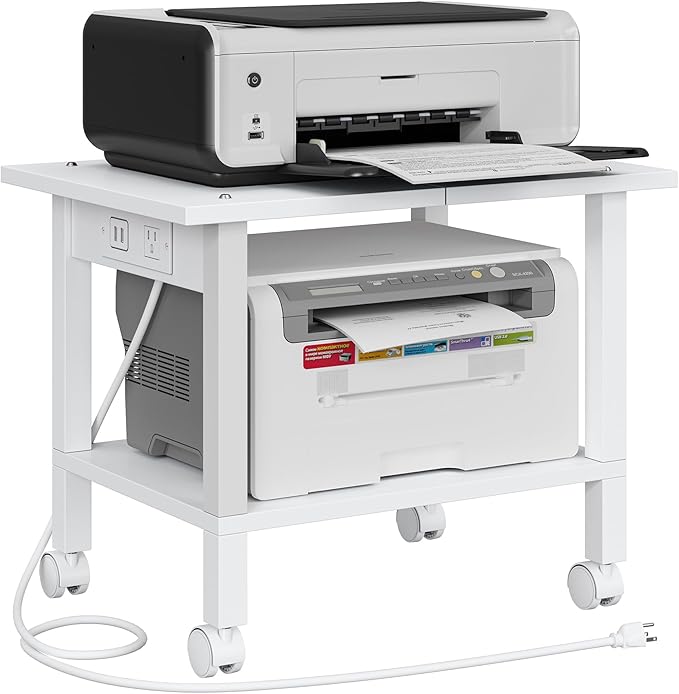 TUTOTAK 2 Tier Printer Stand, Rolling Printer Cart with Power Outlets and USB Ports, Mobile Printer Table with Wheels, for Under Desk, Office, Home, White PS01BW001P