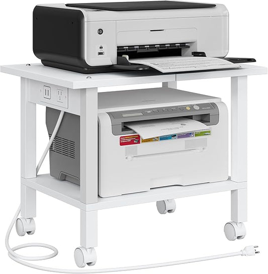 TUTOTAK 2 Tier Printer Stand, Rolling Printer Cart with Power Outlets and USB Ports, Mobile Printer Table with Wheels, for Under Desk, Office, Home, White PS01BW001P