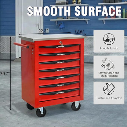 7-Drawer Rolling Tool Chest with Stainless Steel Countertop,Tool Chest with Secure Locking System,Mobile Storage Tool Cabinet with 360°Wheels and Padded Feet,for Home,Garage (Red)