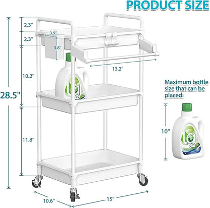 SPACEKEEPER Rolling Storage Cart, 3 Tier Utility Cart Laundry Room Organization Mobile Shelving Unit Bathroom Organizer with Towel Rack, Lockable Wheel, Hooks & Cup for Kitchen Office, White