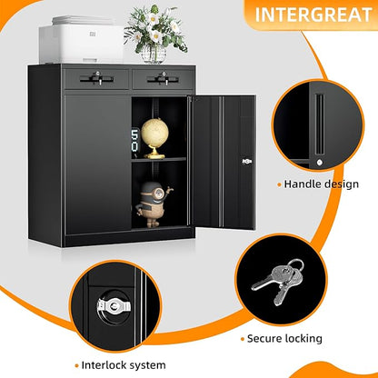 INTERGREAT Metal Storage Cabinet with 2 Drawers, 36" H Metal Cabinets with Doors and Shelves, Garage Cabinet with Lock for Home Office, Garage, School, Apartment,Warehouse,Black