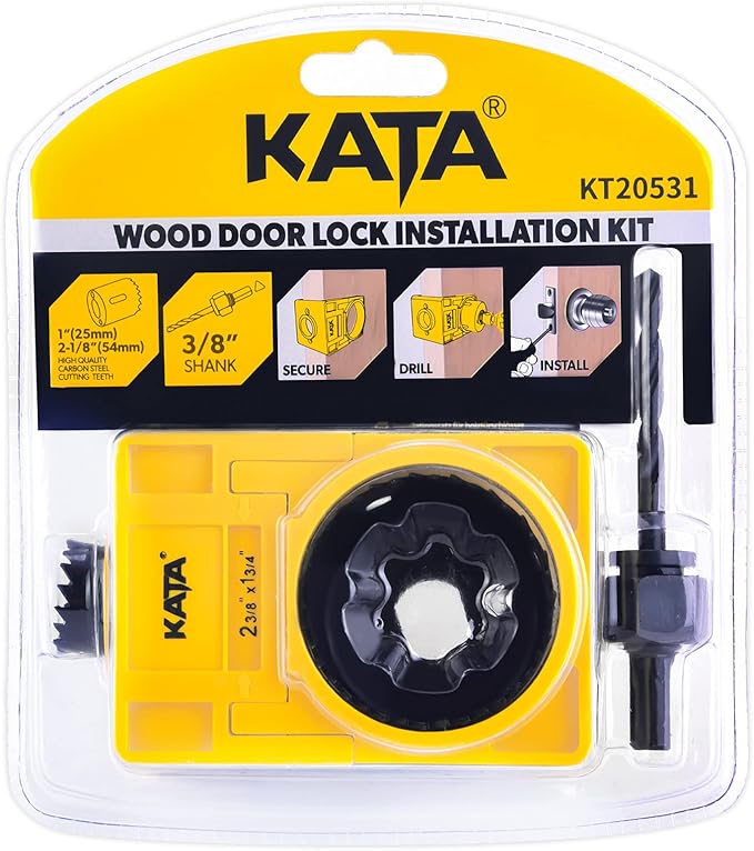 KATA 1-3/8" - 1-3/4" Door Lock Installation Kit for Wooden Doors with Guide Template, Door Lock Hole Saw, Carbon Steel