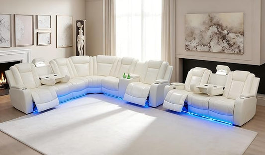 Power Recliner Sectional Couch Sets, Power Sectional Sofa with 3 Seated Sofa, L-Shaped Power Recliner Couch with LED, Read Light, Breathing Leather, Cup Holder, Storage for Living Room/Office