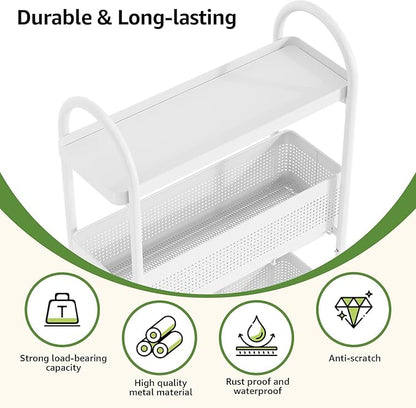 KINGRACK 3-Tier Slim Storage Cart with Pull Out Basket, Rolling Bathroom Organizer Utility, Metal Shelving Unit Slide Out, Lockable Wheels, Easy Assembly for Narrow Place, Kitchen, Laundry Room, White
