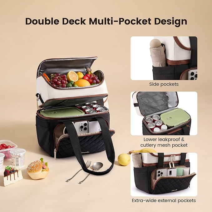 LOVEVOOK Insulated Lunch Bag For Women,Large Double Deck Adult Lunch Box,Teacher Lunch Tote Bag With Cup Holder,Leakproof Cooler Bag With Adjustable Shoulder Strap For Work Picnic Beach