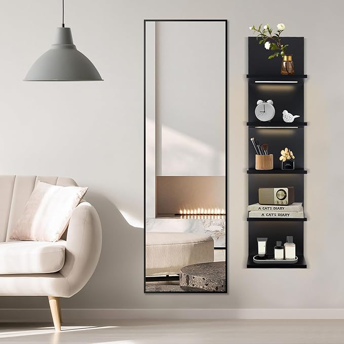 5 Tier Wall Shelf Unit, Black Shelves,Lack Shelf, Wall Shelves for Bedroom，Office,Bathroom, Vanity Shelves with LED Remote Control Light
