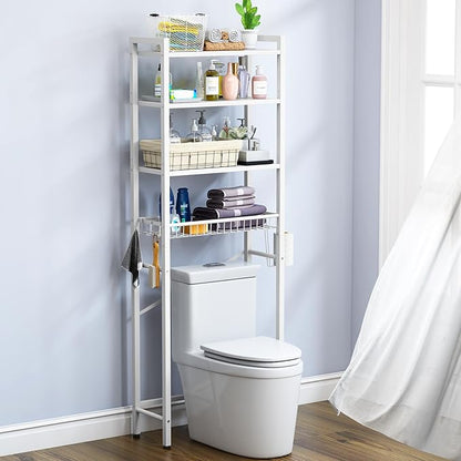 Over-The-Toilet Storage Rack, 4-Tier Bathroom Organizer Shelf Over Toilet with Adjustable Shelf and Basket, Freestanding Space Saver Bathroom Shelves Above Toilet for Room (Pure White)