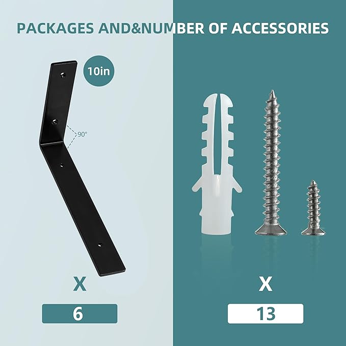 HEART ART 6 Pack Shelf Brackets 10 inch,L Brackets for Shelves,Black Heavy Duty Metal Shelf Brackets,10”x6”x1.4”