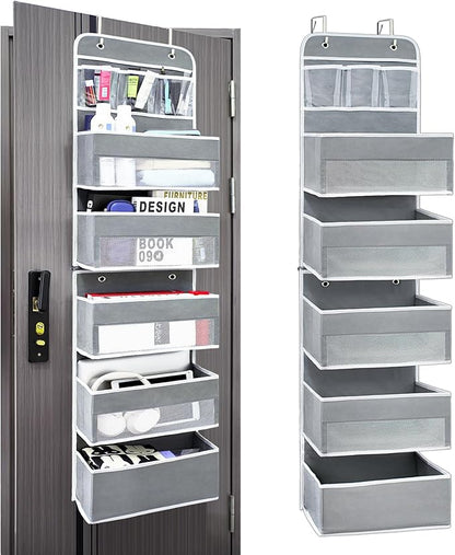 Sturdiness Over The Door Organizer, 6 Tiers Anti Tilt Hanging Behind Door Storage, Heavy-Duty Reinforced Mesh Rack Holds 44lb for Bathroom,Pantry, Nursery,Closet, Shoes, Towels,Grey