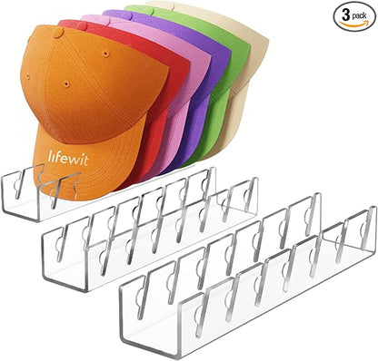 Lifewit 3 Pack Hat Organizer for Baseball Caps, Hat Storage Rack for 21 Ball Caps, Hat Stand Shelf for Trucker Hat and Golf Cap in Closet, Bedroom, Dresser, Clear