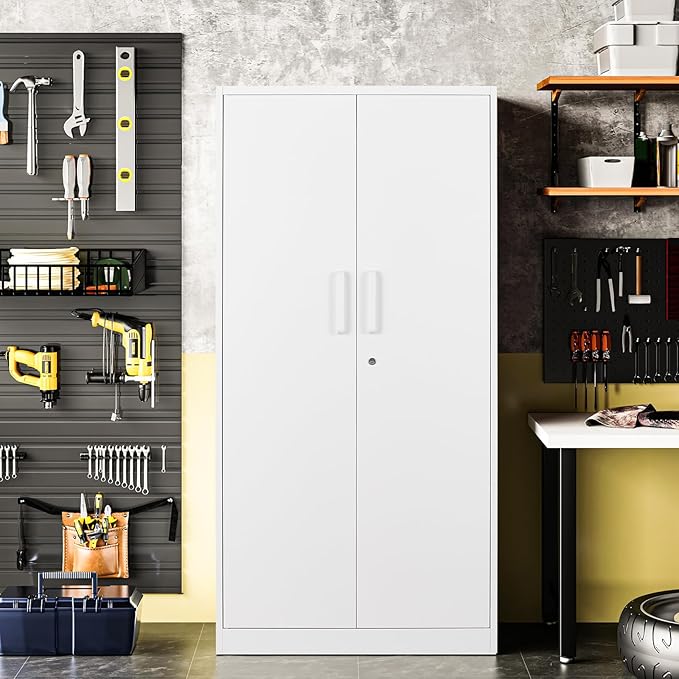 Metal Garage Storage Cabinet, 71" Locking Cabinet with 2 Doors and 5 Adjustable Shelves, White