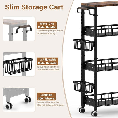 7.8 Inch Ultra-Slim 4-Tier Rolling Storage Cart with Adjustable Shelves - Lockable Wheels & Wooden Top for Narrow Spaces Between Washer/Dryer, Bathroom, Kitchen Organization (Black)