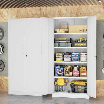 SUNCROWN 72" Metal Storage Cabinet - Heavy-Duty Metal Garage Cabinet with 4 Adjustable Shelves & 2 Doors for Tools, Office, Home, Workshop,White-Small