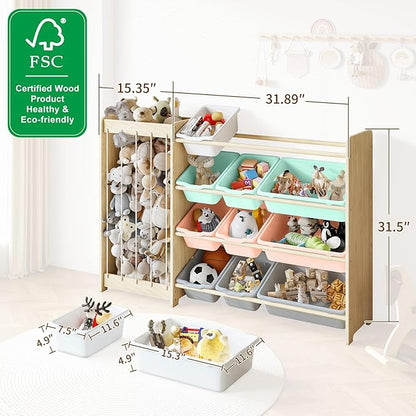 Kids Toy Storage Organizer, 2-in-1 Stuffed Animal Storage & Toy Organizer w/12 Bins, Solid Wood Toy Rack Featuring Thicker Elastic Ropes to Hold Toys, Playroom Nursery Bedroom Storage, Multi