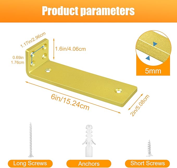 Gold Floating Shelf Brackets 6 inch, Heavy Duty Wall Shelf Bracket 8 Pack for Shelves Support, Hidden Metal L Brackets with Mounting Hardware (1/5'' Thick)