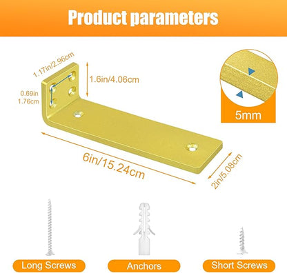 Gold Floating Shelf Brackets 6 inch, Heavy Duty Wall Shelf Bracket 8 Pack for Shelves Support, Hidden Metal L Brackets with Mounting Hardware (1/5'' Thick)