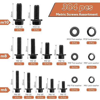 384 Pcs Metric Flange Bolt Assortment Kits, M6x1.0, M8x1.25, M10x1.5 Bolts(12mm to 30mm) Grade 10.9 Alloy Steel Metric Machine Screws Nuts and Bolts Kit