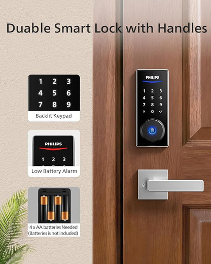 Philips Smart Lock with Handles, Smart Door Lock with 2 Level Handles, Keyless Entry Door Lock Set, Digital Keypad Deadbolt for Front Door, App Fingerprint PIN Code Unlocking, Auto Locking