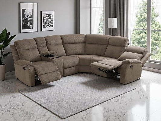 3PCS Living Room Furniture Sets, Brown Reclining Sectional Sofa Set with Cup Holders, Corduroy Recliner Sectional Sofa Set with Storage Console Reclining Couches for Living Room, Bedroom