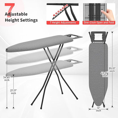 Ironing Board with Stable Iron Rest and 7 Adjustable Heights, 43" ×13" Size Iron Board with 4-Layer Heat Resistant Cover and Pad for Home Apartment Laundry, Gray