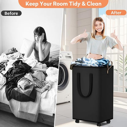 Laundry Basket with Wheels, Collapsible Laundry Baskets, Laundry Hamper with Handles Detachable Wheels, Rolling Laundry Basket, Dirty Clothes Hamper for Bathroom, Dorm, Bedroom, Black, 100L