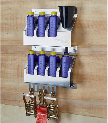Speedway Motors 12 Quart Oil Storage Shelf Aluminum Rack for Garage or Trailer Holds Quart Bottles and Funnel Lightweight Mount Anywhere Shop Organization