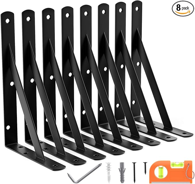 8-Pack 9 Inch Heavy Duty Shelf Brackets, Large Floating Wall Bracket for Garage Storage Shelves, Black Powder-Coated Finish, Load Capacity 800lbs