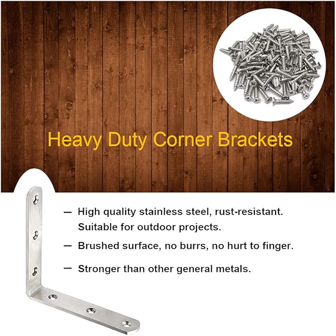 10 Pack L Bracket Corner Braces 4 Inch Stainless Steel Heavy Duty Shelf Bracket for Wood Shelves, Wall Hanging Support 90 Degree Joint Right Angle Brackets with Screws
